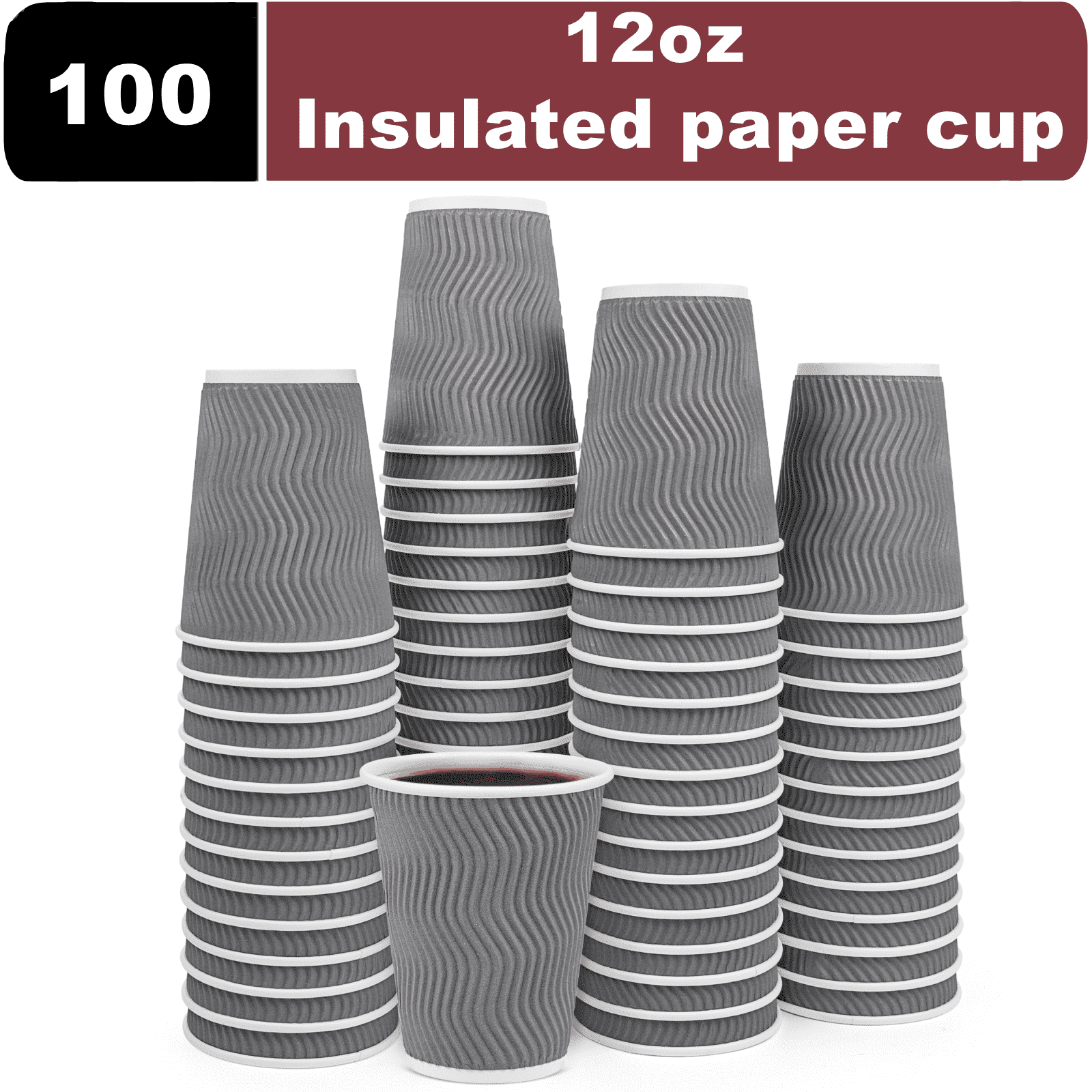 Treamon Paper Cups Disposable Paper Coffee Cups with Thermal Insulation Ripple, 12 oz 100 Count